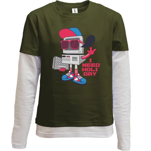 Комбинированный детский лонгслив, хаки, Robot - I need holiday