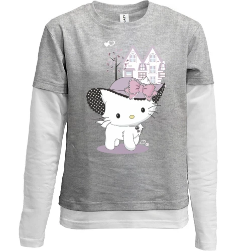 Комбинированный детский лонгслив, серый, hello kitty в шляпе