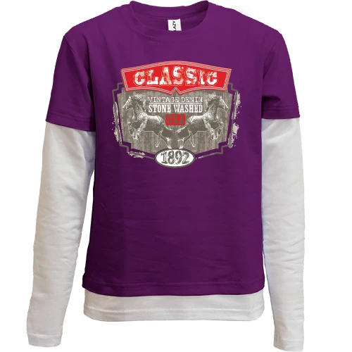 Комбинированный детский лонгслив с винтажной эмблемой, изображающей скачущих лошадей и надписи «Classic» и «Vintage Denim»
