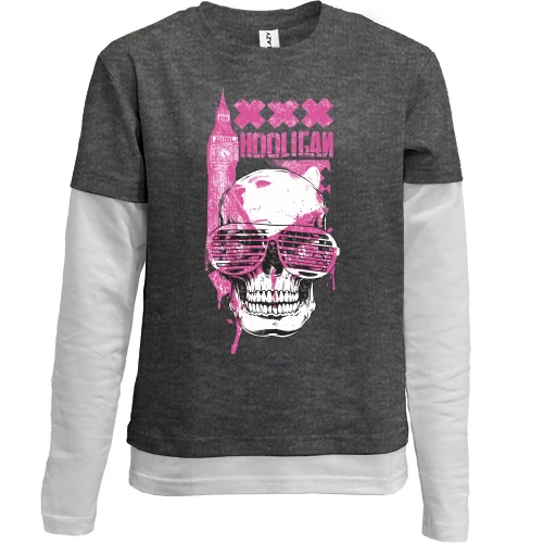 Комбинированный детский лонгслив, черный, hooligan skull