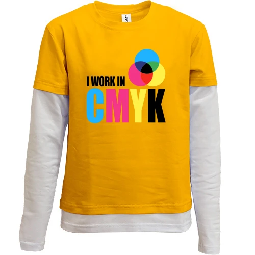 Комбинированный детский лонгслив, желтый, с надписью "i work in CMYK"