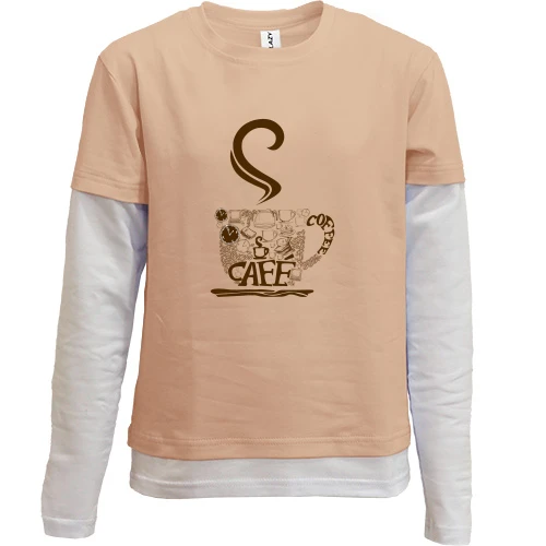 Комбинированный детский лонгслив, Синий, с чашечкой кофе "kafe"