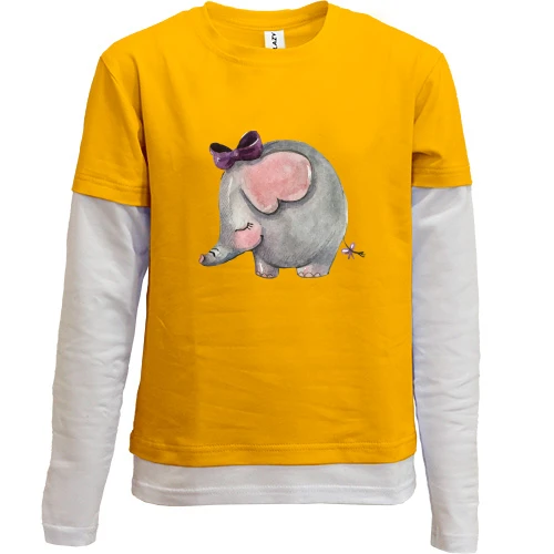 Комбинированный детский лонгслив, желтый, со слоником девочкой