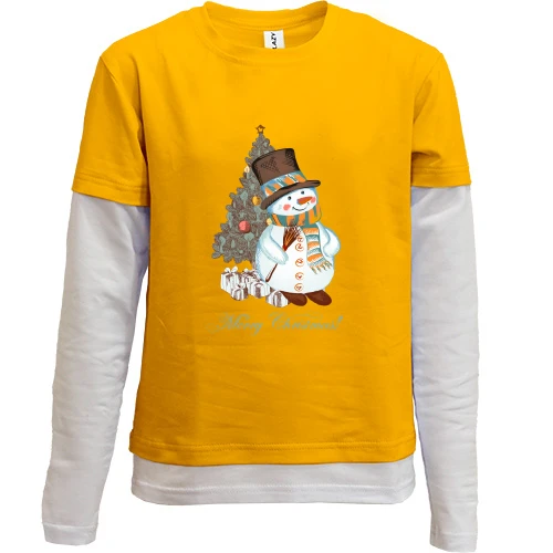 Комбинированный детский лонгслив, желтый, со снеговиком "Merry Christmas!"