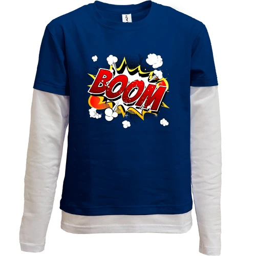 Комбинированный детский лонгслив, синий, "BOOM"