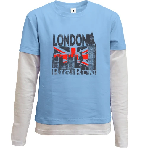 Комбинированный детский лонгслив, Синий, с надписью "London Big Ben"
