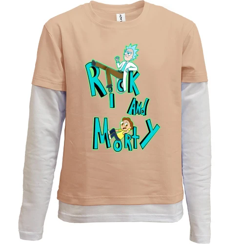 Комбінований дитячий лонгслів, Бежевий, Rick and Morty з персонажами в написі