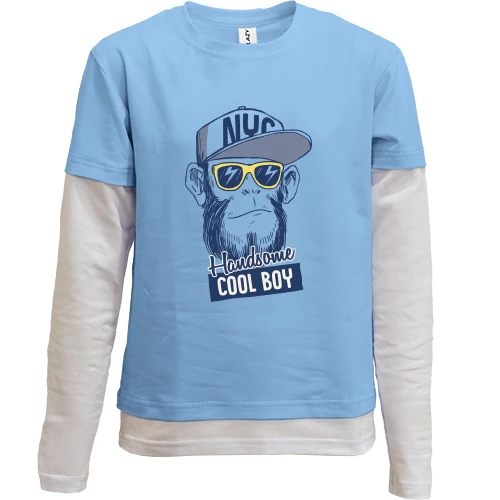 Комбінований дитячий лонгслів, Синій, з мавпою "Handsome Cool Boy"