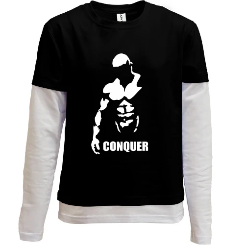 Комбінований дитячий лонгслів, Чорний, із силуетом атлета і написом «Conquer»