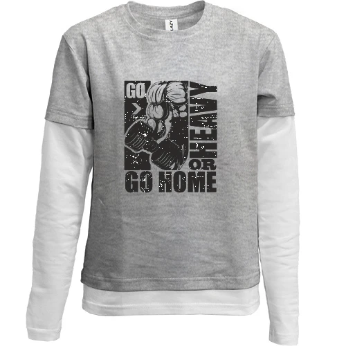 Комбінований дитячий лонгслів, сірий, з написом "Go heavy or go home"