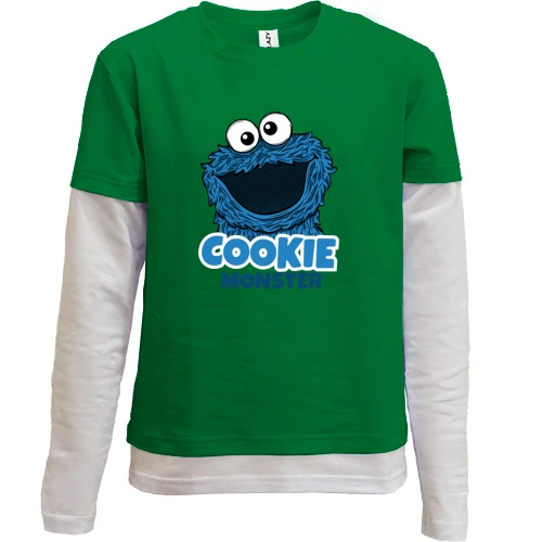 Комбинированный детский лонгслив, Зеленый, Cookie Monster с большой головой и надписью