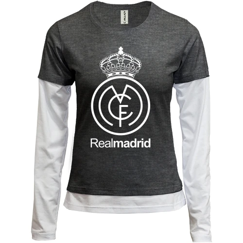 Женский лонгслив Комби, Серый меланж, с белой эмблемой Real Madrid