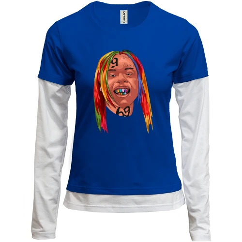 Женский лонгслив Комби, синий, с улыбающимся 6IX 9NINE