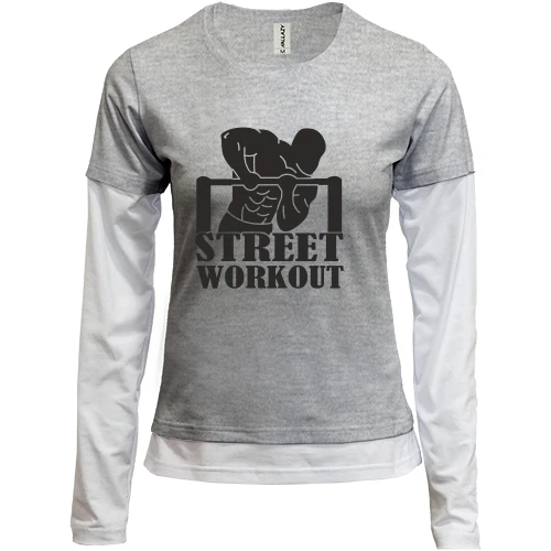 Женский лонгслив Комби, синий, с атлетом на турнике и надписью Workout