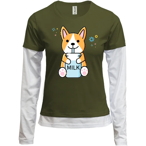 Женский лонгслив Комби Corgi drinks Milk
