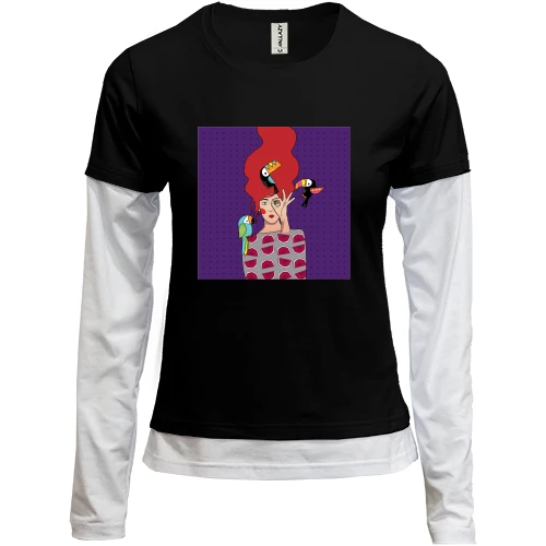 Женский лонгслив Комби Redhead girl with birds
