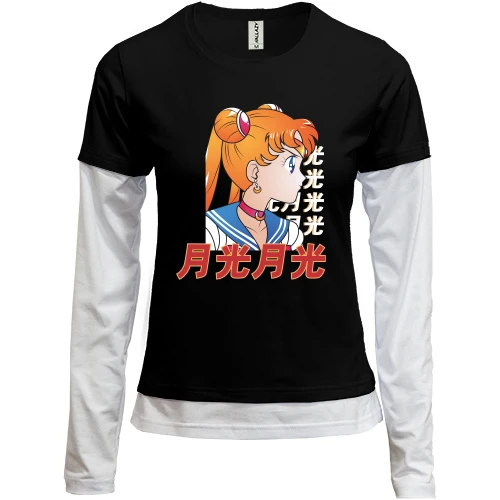 Женский лонгслив Комби Anime girl with hieroglyphs