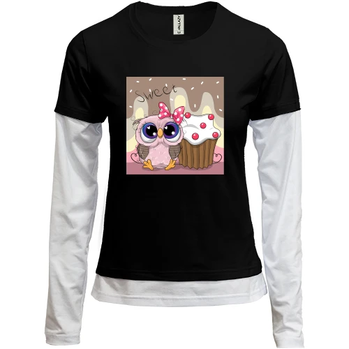 Женский лонгслив Комби Baby owl with cupcake