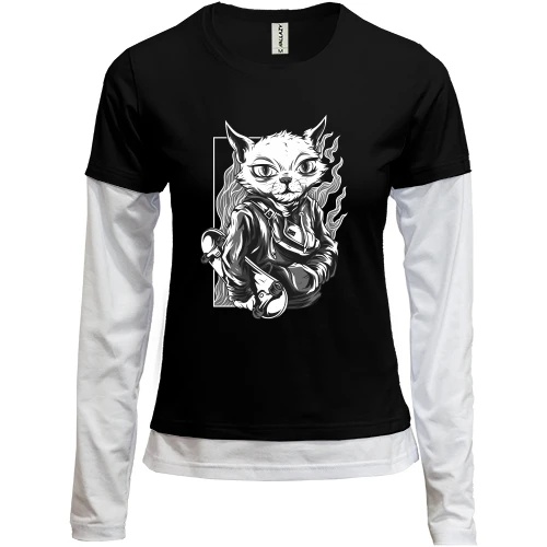 Женский лонгслив Комби Cat with skate black and white