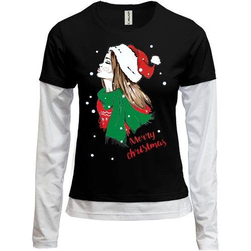 Женский лонгслив Комби с девушкой Merry Christmas