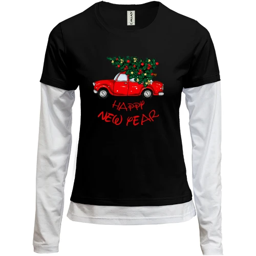 Женский лонгслив Комби Happy Ney Year red car