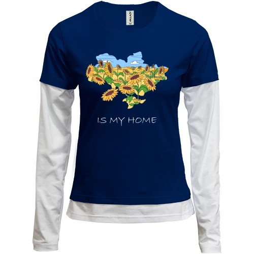 Женский лонгслив Комби с контуром Украины в подсолнухах "is my home"