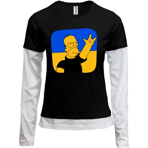 Женский лонгслив Комби, черный, Гомер на фоне украинского флага