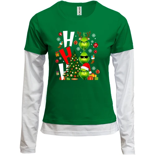 Женский лонгслив Комби с рождественскими гринчами "Ho Ho Ho"