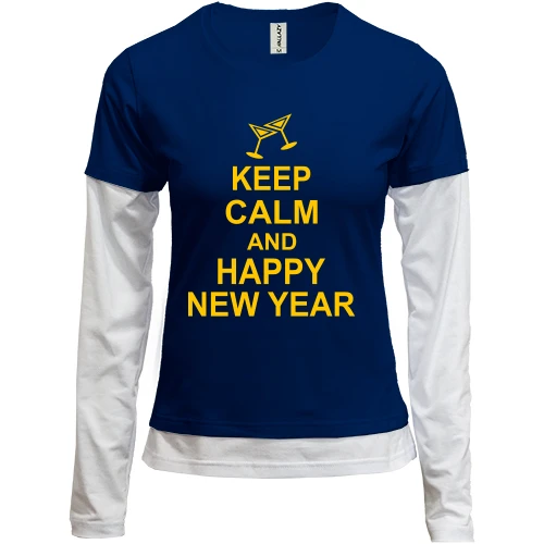 Женский лонгслив Комби, синий, Keep calm and Happy New Year