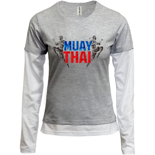 Женский лонгслив Комби, серый меланж, Муай тай с надписью «MUAY THAI» и силуэтами бойцов