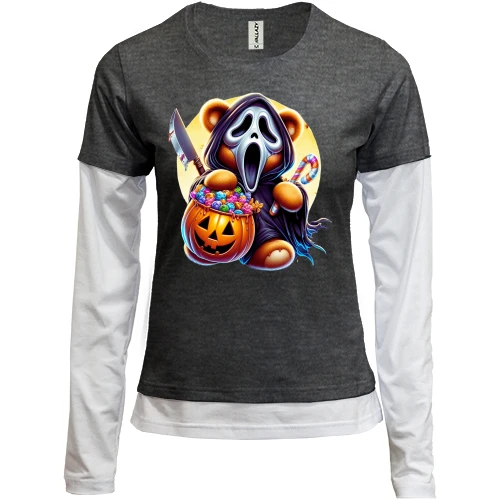 Женский лонгслив Комби, серый меланж, Крик с тыквой Halloween