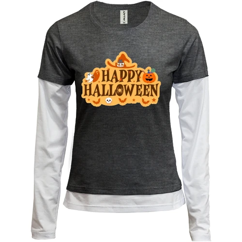 Женский лонгслив Комби, серый меланж, Happy Halloween (Вывеска)