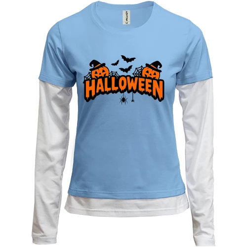 Женский лонгслив Комби, бежевый, Надпись Halloween с тыквами