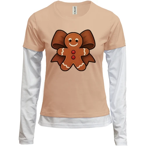 Женский лонгслив Комби, бежевый, Новогодняя печенька с бантом