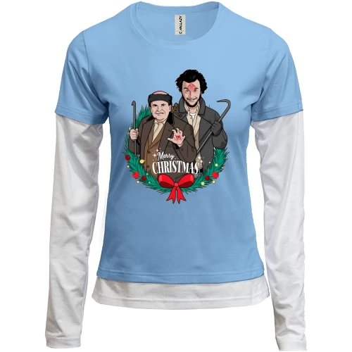 Женский лонгслив Комби, синий, Merry Christmas (Грабители Один Дома)