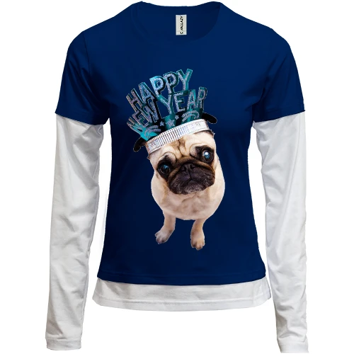 Женский лонгслив Комби, синий, с мопсом Happy New Year