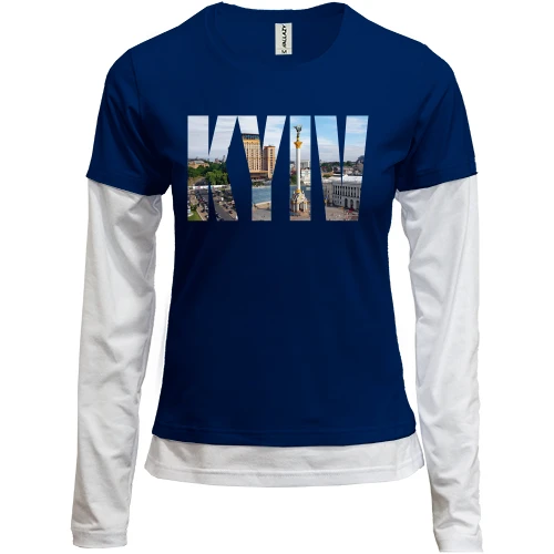 Женский лонгслив Комби, Синий, с надписью «KYIV» и панорамой Майдана