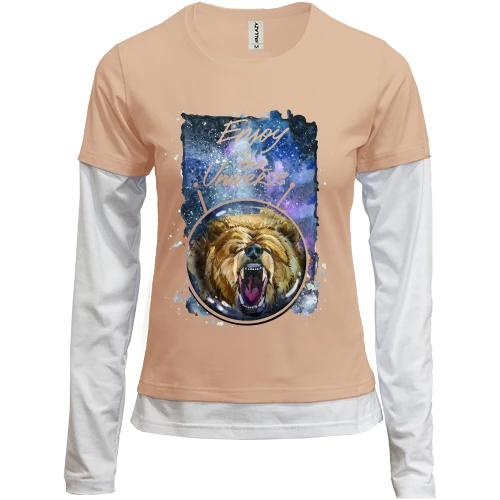 Женский лонгслив Комби, синий, c медведем "Enjoy the universe"