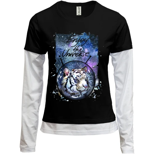 Женский лонгслив Комби, черный, c тигром "Enjoy the universe" (1)