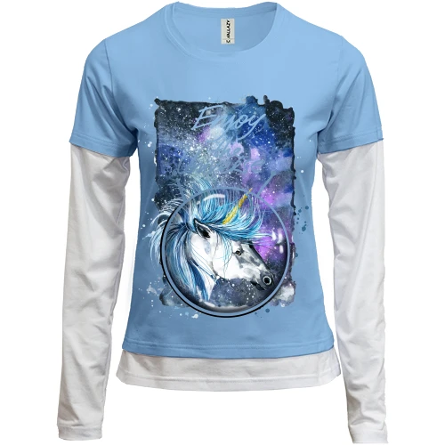 Женский лонгслив Комби, синий, c единорогом "Enjoy the universe"