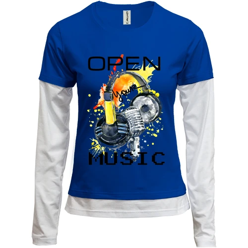 Женский лонгслив Комби, синий, с акварельным принтом «Open your music»