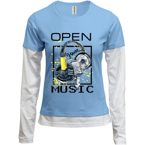 Женский лонгслив Комби, синий, с желтым принтом «Open your music»