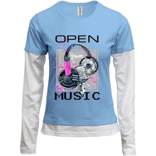 Женский лонгслив Комби, синий, с розовым принтом «Open your music»