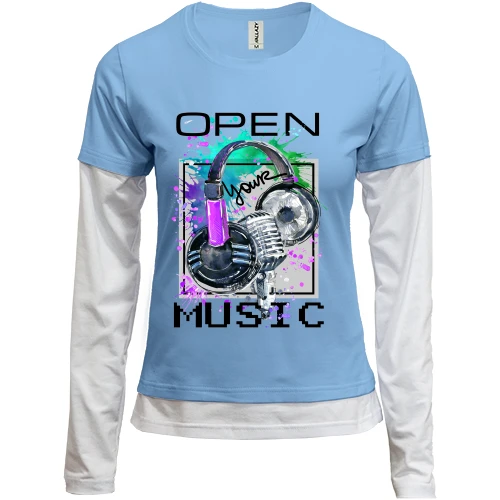 Женский лонгслив Комби, синий, с наушниками Open your music