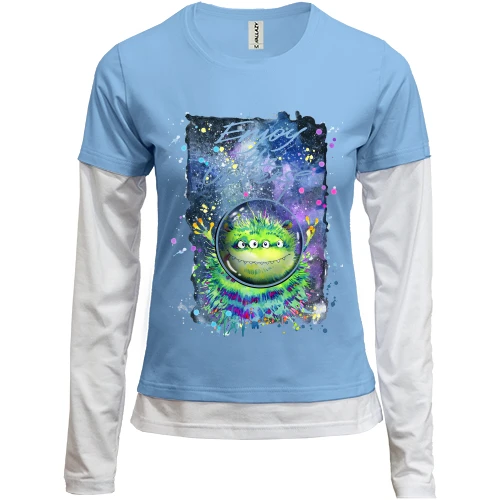 Женский лонгслив Комби, синий, с зелёным монстром "enjoy the universe"