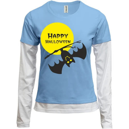 Женский лонгслив Комби, синий, Happy Halloween с летучей мышью