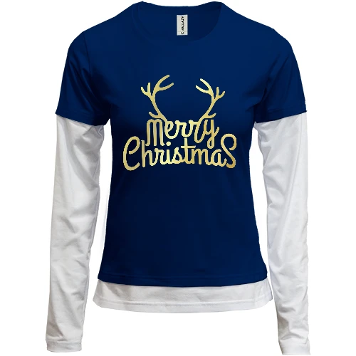 Женский лонгслив Комби, Синий, с рогами "Merry Christmas!"