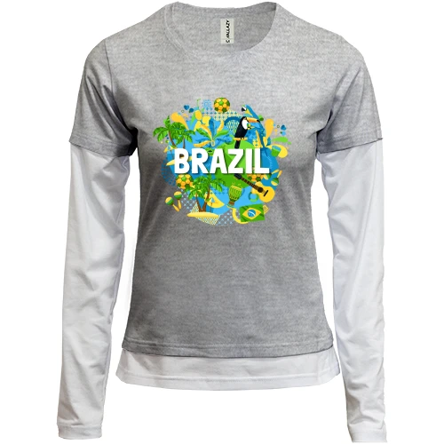 Женский лонгслив Комби, синий, с бразильским колоритом и надписью "brazil"