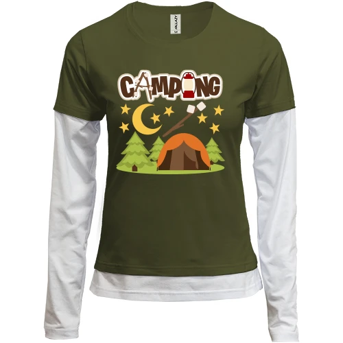 Женский лонгслив Комби, черный, с палаткой на природе "camping"