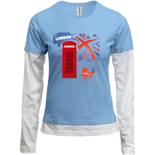 Женский лонгслив Комби, синий, c телефонной будкой "London calling!"